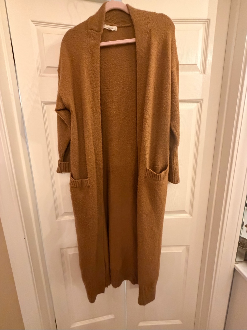 Love in Long Open-Front Cardigan in Camel Brown